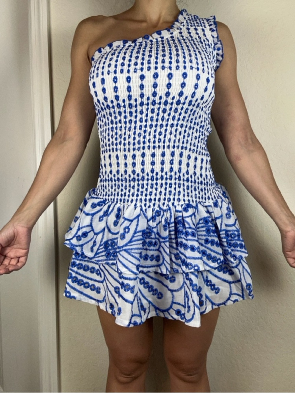 Hello Molly One Shoulder Mini Dress Size XS White Blue Embroidered Ruffle - Picture 5 of 11